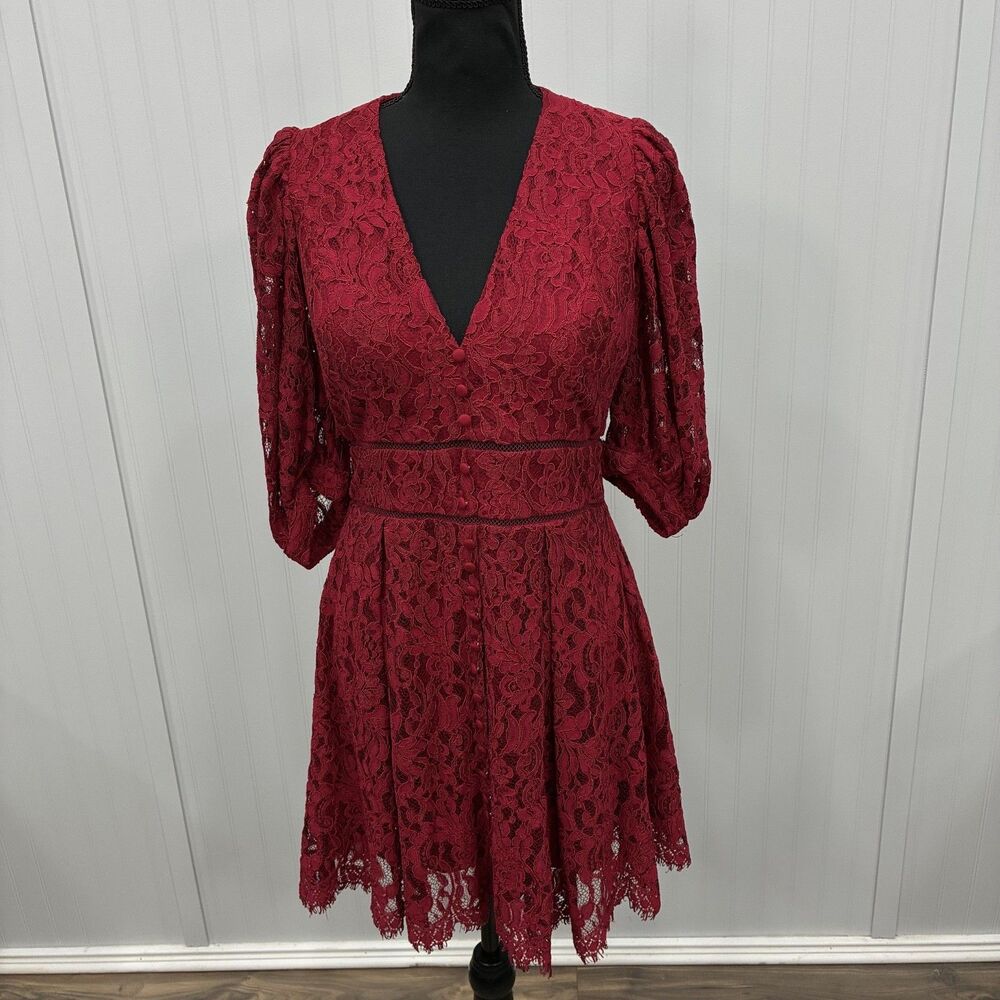 Bardot Womens Size 8 Crimson Red Kira Lace V-Neck A-Line Dress Romantic Holidays